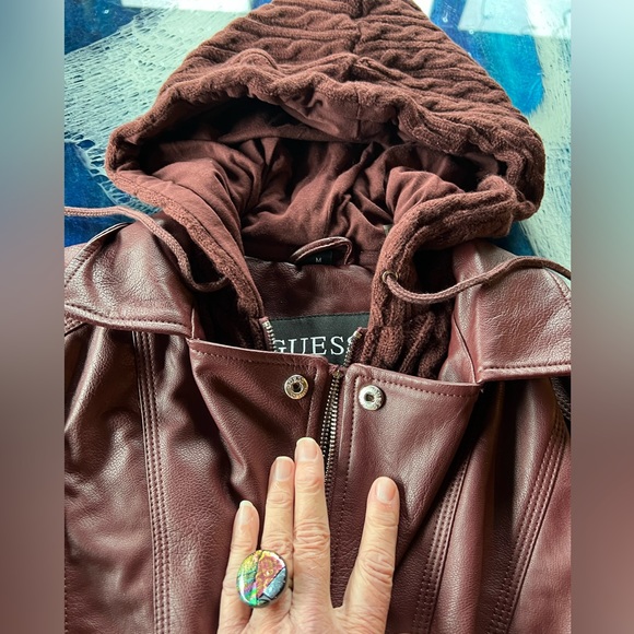 SALE! BUYorBUNDLE! Guess NEW Bordeaux FauxLeatherJacket zipsweater&hoodliner SzM - Picture 7 of 15